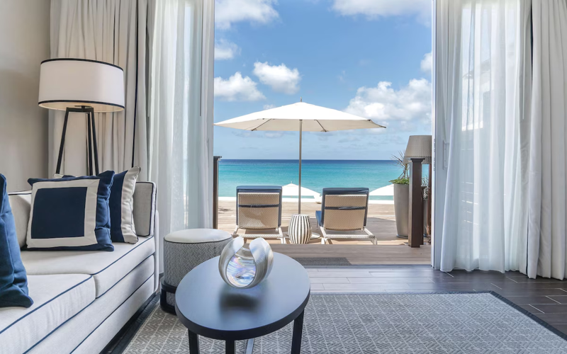 Elegant Barbados hotel suite with balcony overlooking the Caribbean Sea